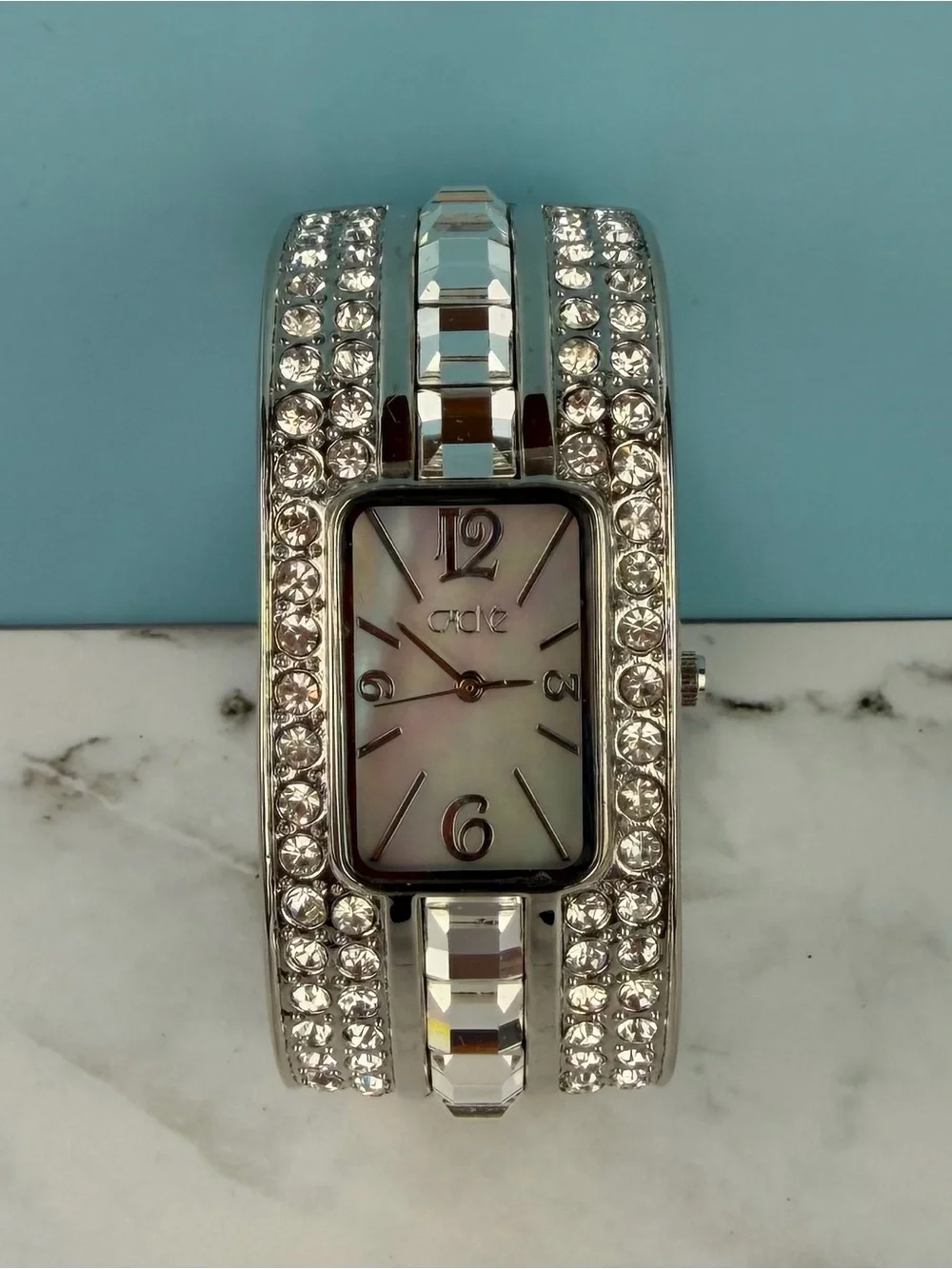 Vintage Caché Rhinestone Hinged Cuff Watch Mother of Pearl Dial Silver Tone Y2K